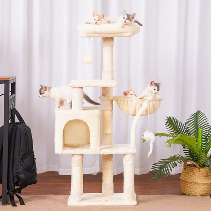 Cat Tree with Toy, Cat Tower Condo for Indoor Cats, Cat House with Padded Plush Perch, Cozy Hammock and Sisal Scratching Posts, Beige HCT004SM