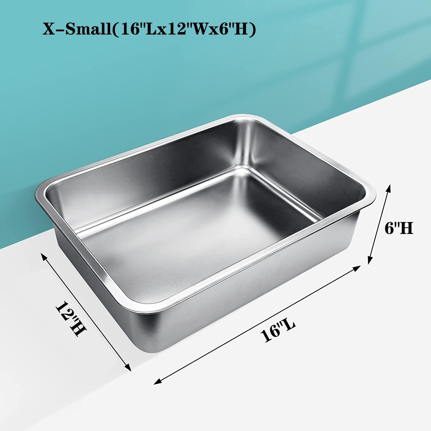 Stainless Steel Cat Litter Box, Extra Large Metal Litter Pan for Cats/Rabbits (Silver, X-Small(16" Lx12 Wx6 H))