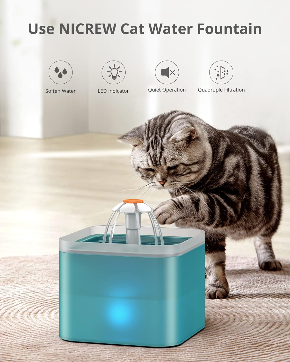 Cat Water Fountain, Ultra Quiet Cat Fountain with LED Light, 2L Capacity Pet Water Fountain with Filter, Automatic Drinking Water Dispenser for Cats and Dogs, Cyan