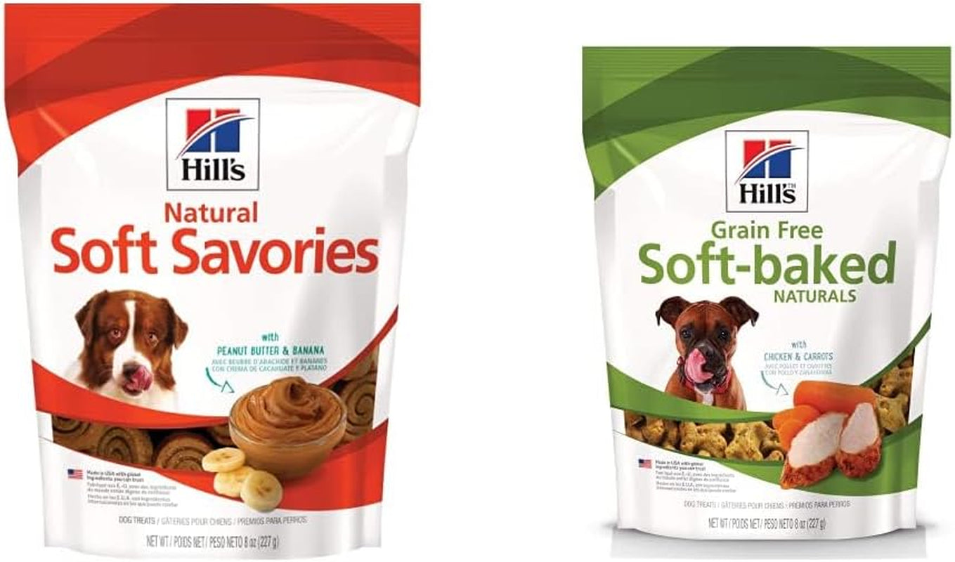 Hill'S Natural Soft Savory Dog Treats with Peanut Butter & Banana, 8 Oz Bag & Grain Free Soft-Baked Naturals Dog Treats, with Chicken & Carrots, 8 Oz Bag