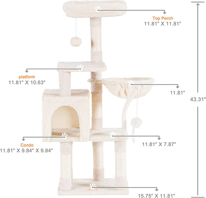 Cat Tree with Toy, Cat Tower Condo for Indoor Cats, Cat House with Padded Plush Perch, Cozy Hammock and Sisal Scratching Posts, Beige HCT004SM