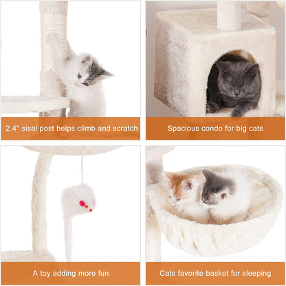 Cat Tree with Toy, Cat Tower Condo for Indoor Cats, Cat House with Padded Plush Perch, Cozy Hammock and Sisal Scratching Posts, Beige HCT004SM