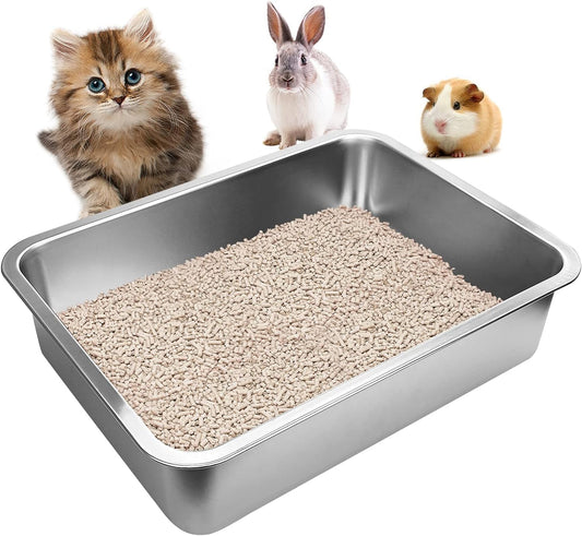 Stainless Steel Cat Litter Box, Extra Large Metal Litter Pan for Cats/Rabbits (Silver, X-Small(16" Lx12 Wx6 H))