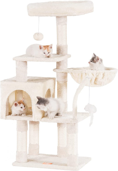 Cat Tree with Toy, Cat Tower Condo for Indoor Cats, Cat House with Padded Plush Perch, Cozy Hammock and Sisal Scratching Posts, Beige HCT004SM