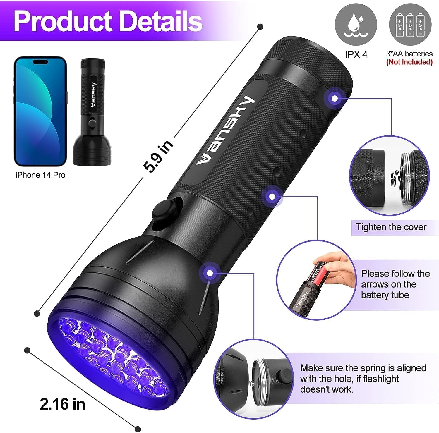 UV Flashlight Black Light UV Lights,  51 LED Ultraviolet Blacklight Pet Urine Detector for Dog Cat Urine,Dry Stains,Bed Bug, Matching with Pet Odor Eliminator