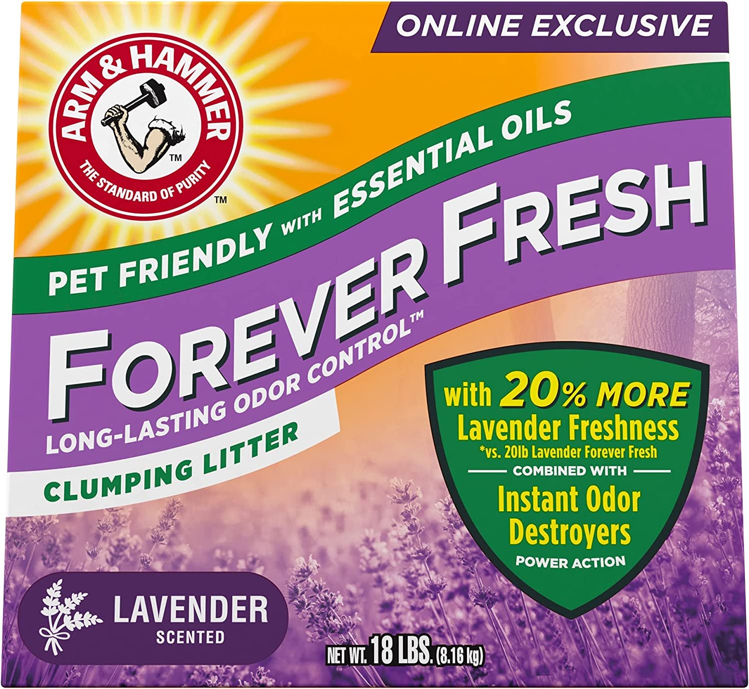 Forever Fresh Clumping Cat Litter Lavender, Multicat 18Lb with 20% More Lavender Freshness, Pet Friendly with Essential Oils