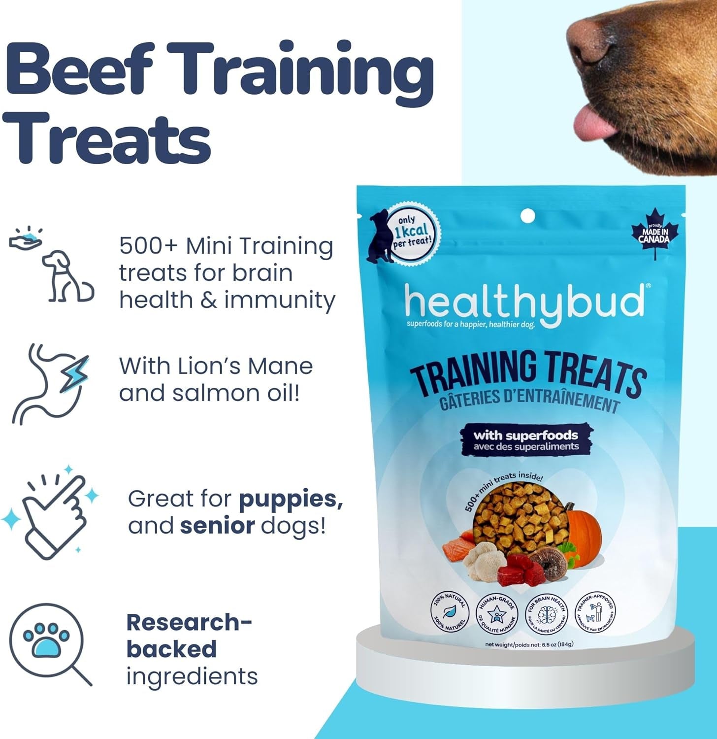 Mini Dog Training Treats - Soft Trainers Bites with Beef Liver, 500+ Bits, 1 Kcal per Bite, 6.5Oz, Puppy Chews with Superfood Ingredients - Reishi, Lion’S Mane, Salmon Oil