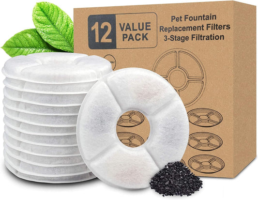 12Pcs Pet Fountain Replacement Filter, Activated Carbon Filters for Cat and Dog Water Fountain, Automatic Flower Water Dispenser Filters for Most 54Oz/1.6L Water Fountain