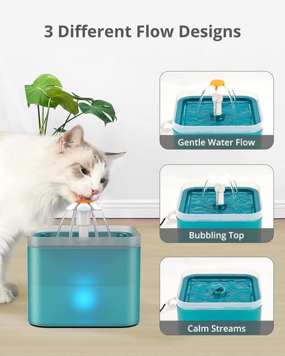 Cat Water Fountain, Ultra Quiet Cat Fountain with LED Light, 2L Capacity Pet Water Fountain with Filter, Automatic Drinking Water Dispenser for Cats and Dogs, Cyan