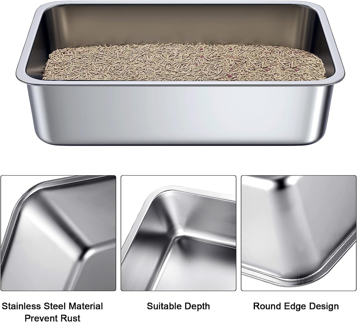 Stainless Steel Cat Litter Box, Extra Large Metal Litter Pan for Cats/Rabbits (Silver, X-Small(16" Lx12 Wx6 H))