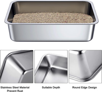 Stainless Steel Cat Litter Box, Extra Large Metal Litter Pan for Cats/Rabbits (Silver, X-Small(16" Lx12 Wx6 H))