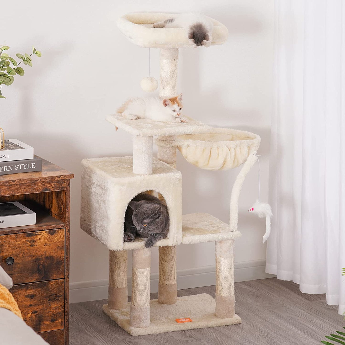 Cat Tree with Toy, Cat Tower Condo for Indoor Cats, Cat House with Padded Plush Perch, Cozy Hammock and Sisal Scratching Posts, Beige HCT004SM